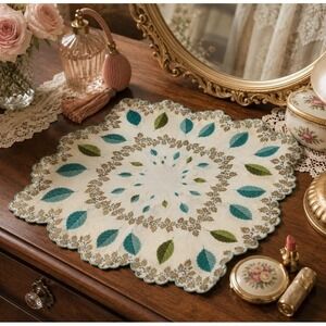 Vintage 1950s Hanky Fall Handkerchief Shimmery Gold Leaf, Teal Leaves NIB